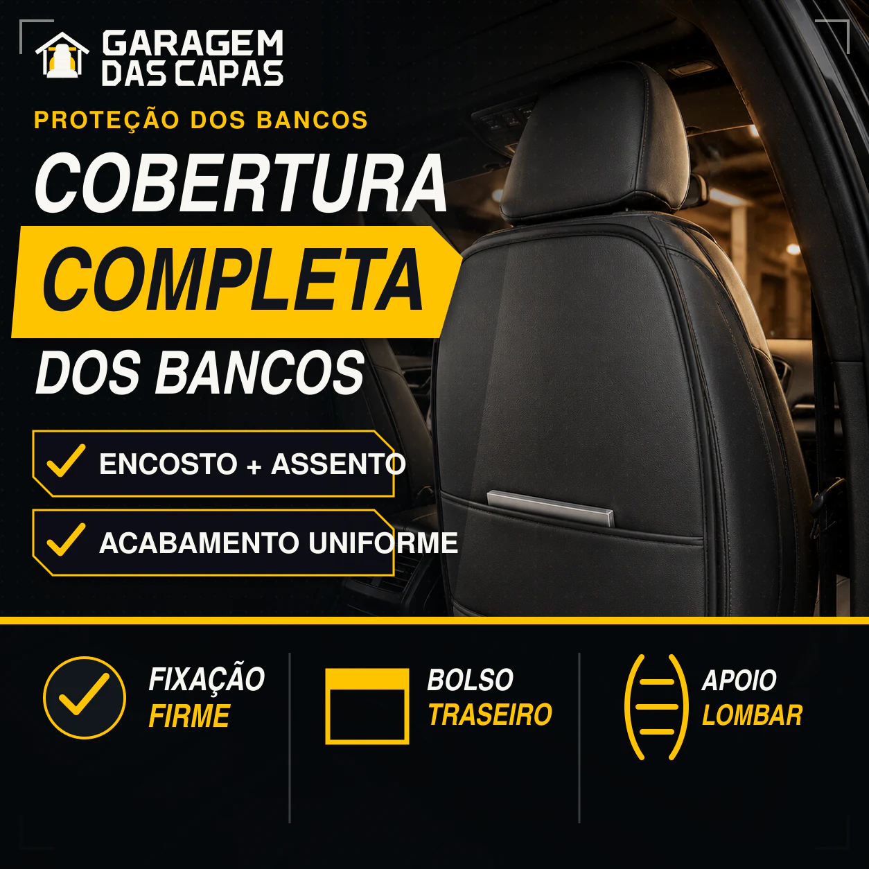 Cobertura completa dos bancos e detalhes de fixação