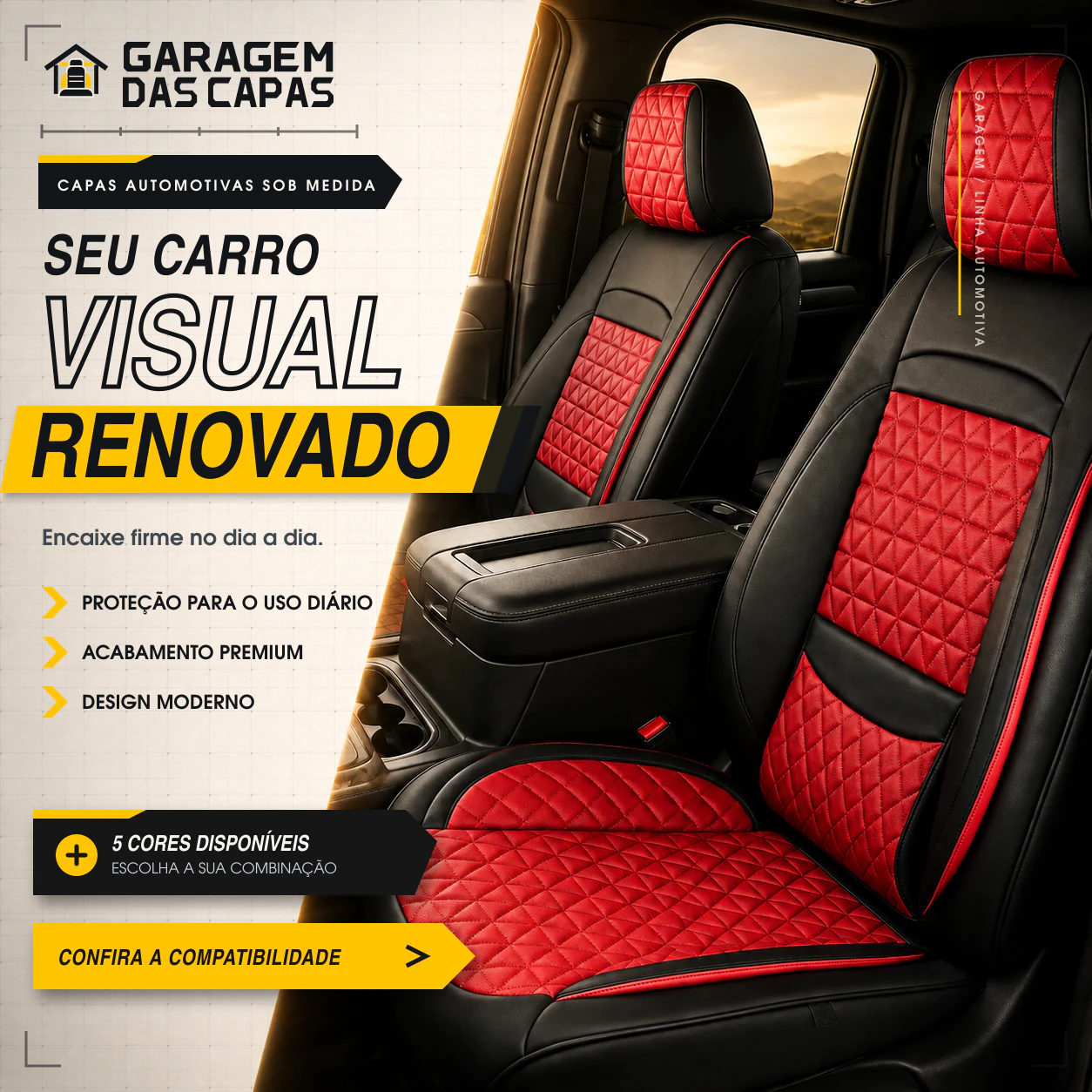 Capas automotivas sob medida em acabamento preto e vermelho